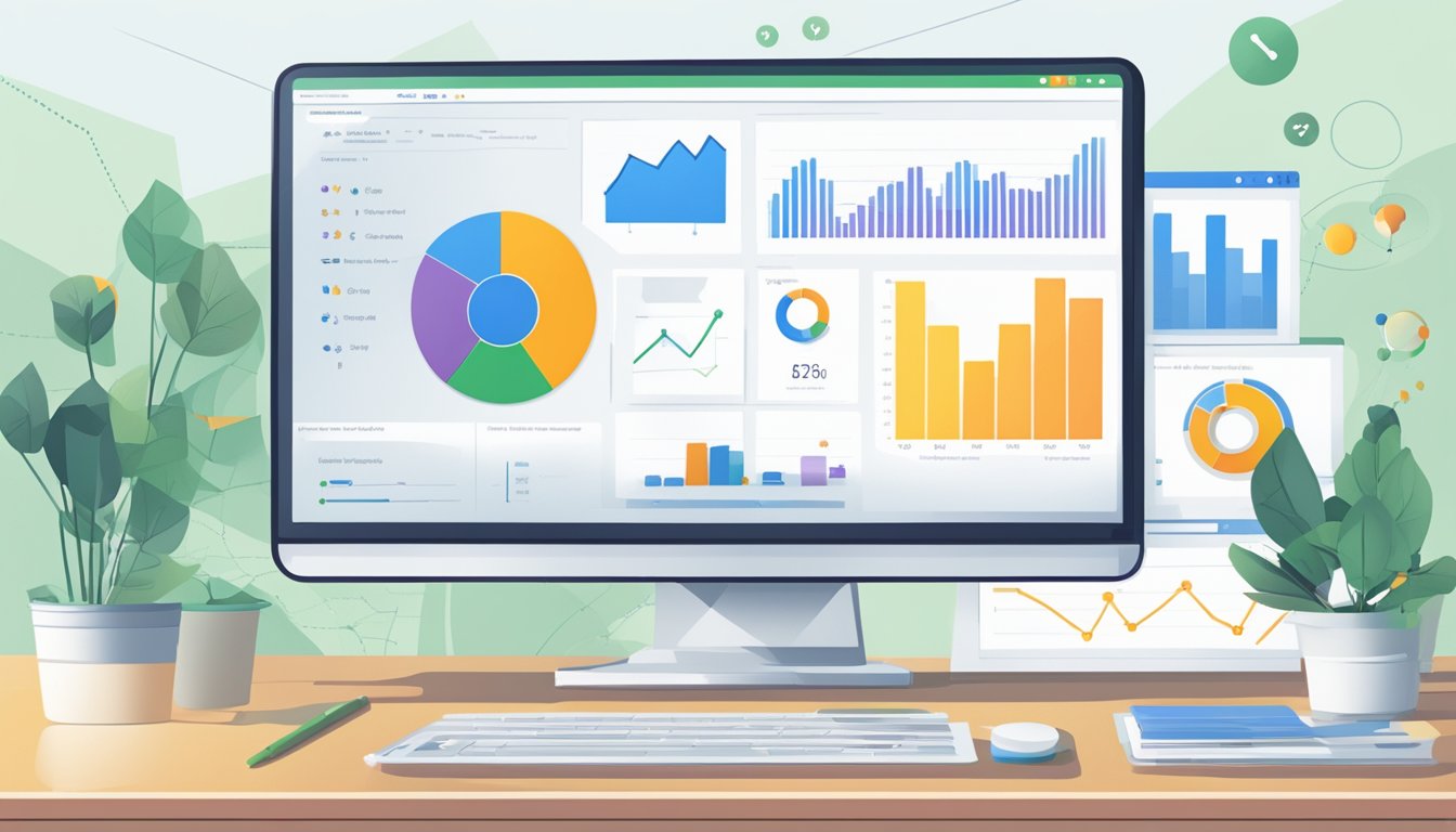 A computer screen displays Serpstat Rank Tracker with charts and graphs showing strategic SEO and PPC campaign data