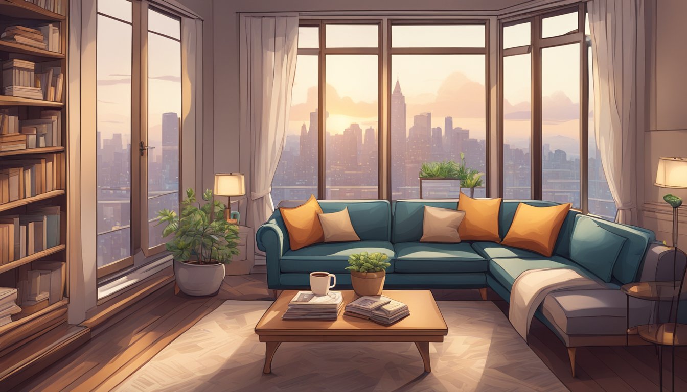 A cozy living room with a plush sofa, elegant bookshelves, and a large window overlooking the city skyline.</p><p>A table is set with a steaming cup of coffee and a newspaper