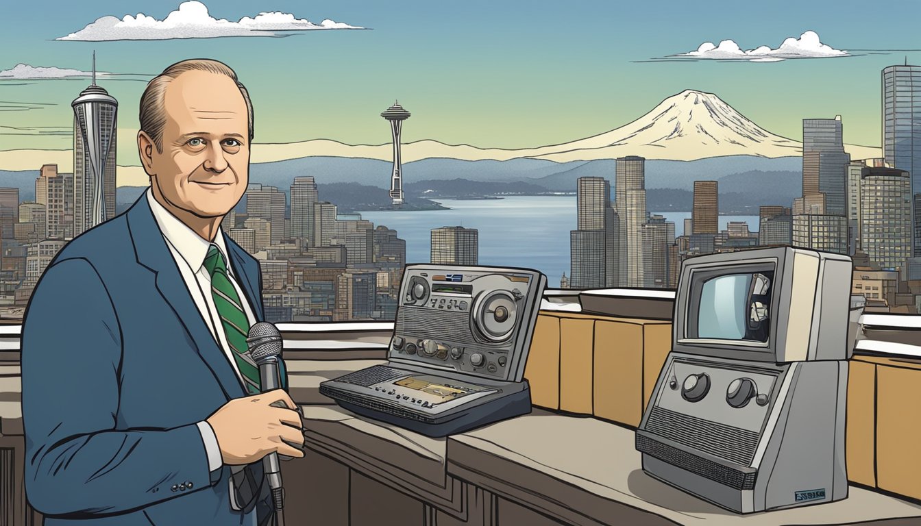 Frasier Crane's evolution: from young to old, in various settings, with iconic items like a radio microphone and a Seattle skyline backdrop