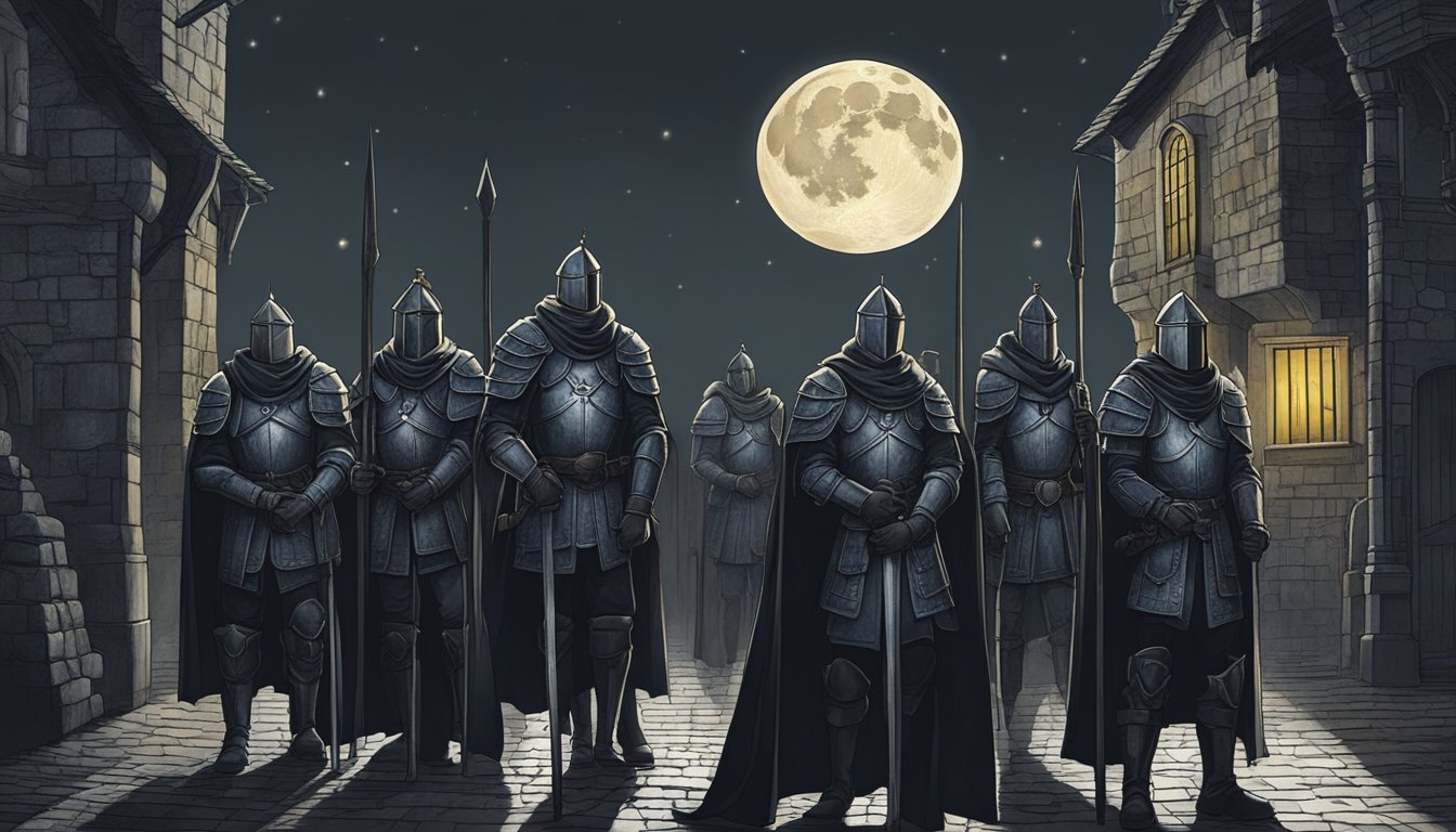 A dark, eerie night with a full moon casting a haunting glow on a medieval city street.</p><p>A group of armored guards stand at attention, their eyes fixed on something in the distance, creating a sense of tension and anticipation