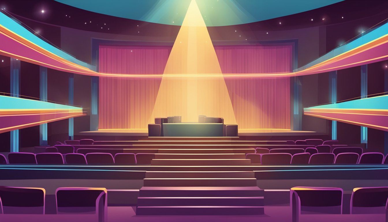 The stage is set with a microphone and a spotlight, as the audience eagerly awaits the performance.</p><p>The atmosphere is filled with anticipation and excitement