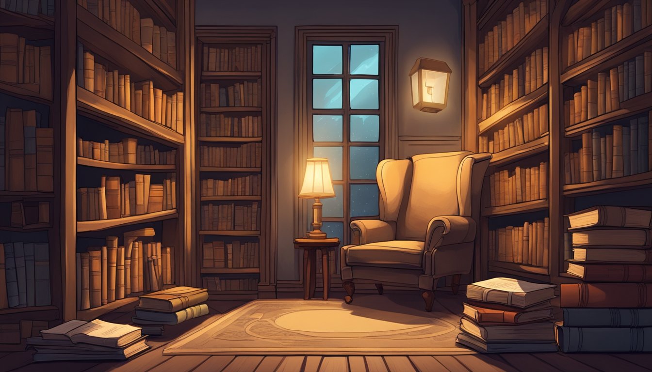 A dimly lit library with shelves of old books, a desk cluttered with papers, and a cozy reading nook with a worn armchair and a soft reading lamp