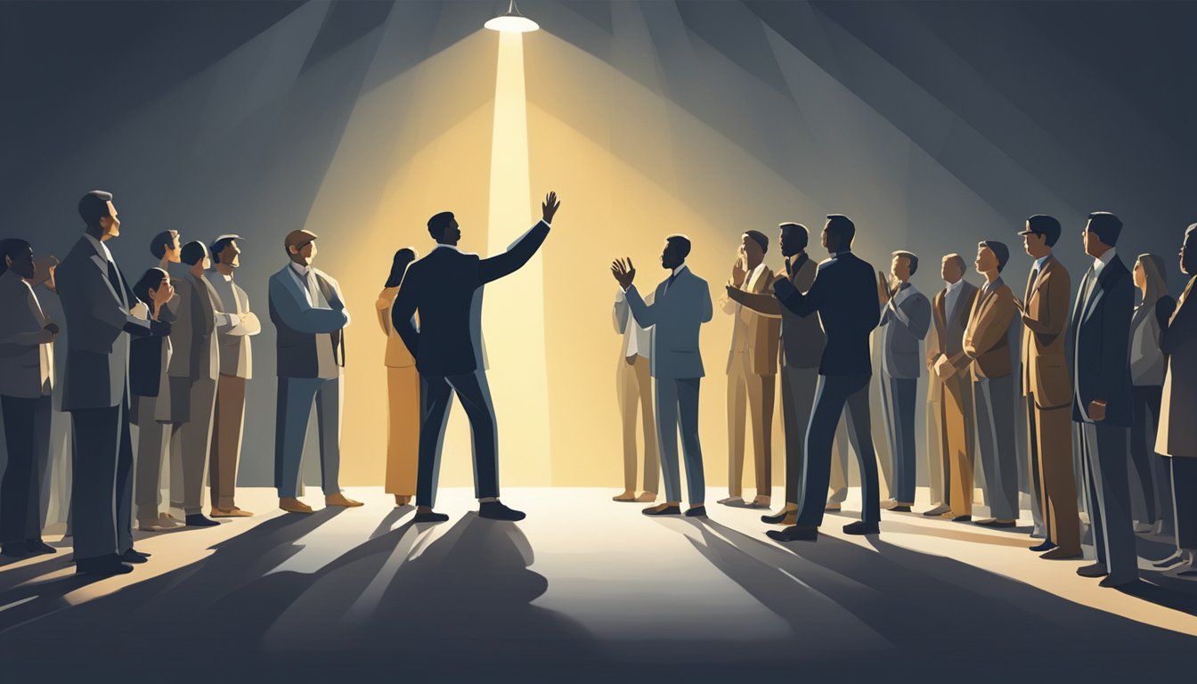 A spotlight shines on a group of figures standing in the shadows, while a central figure raises their hand in a gesture of support and encouragement