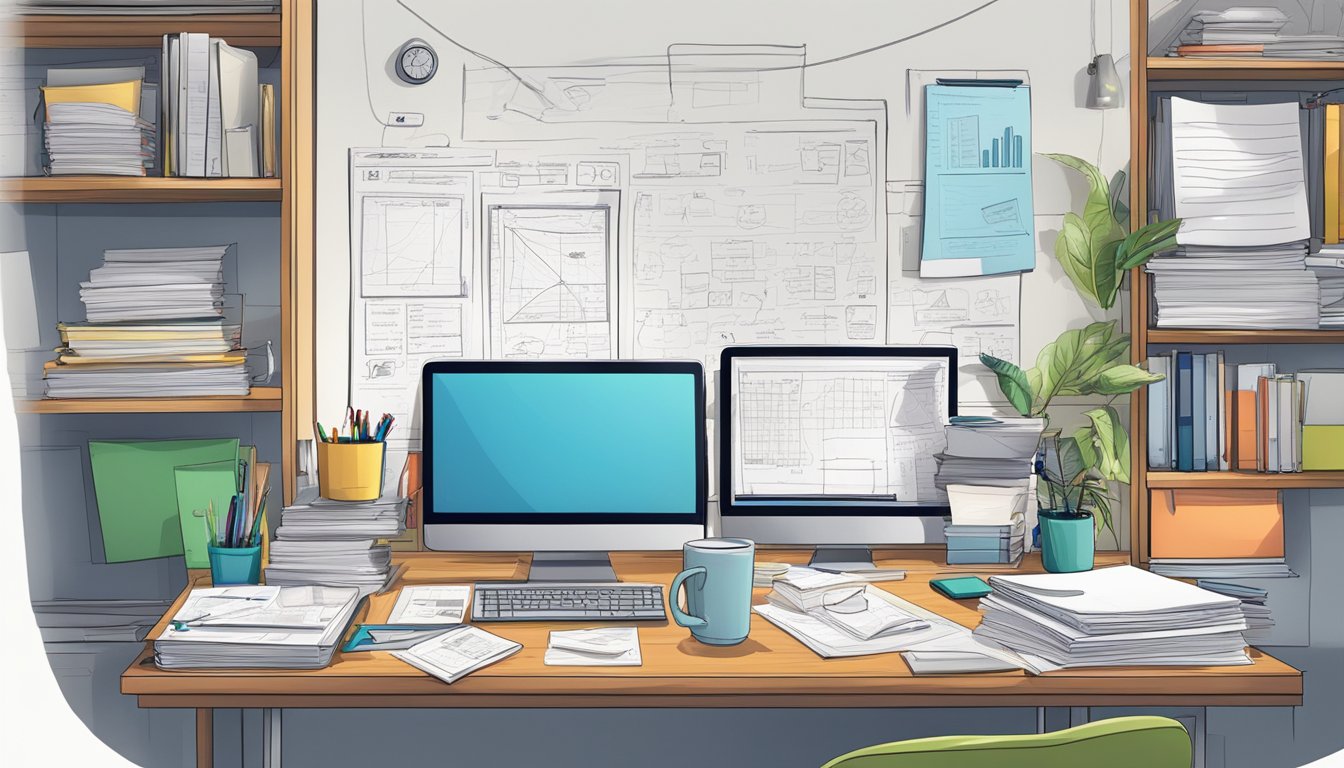 A cluttered desk with papers, a computer, and a mug.</p><p>A whiteboard with scribbled notes and diagrams.</p><p>A bookshelf filled with binders and reference materials