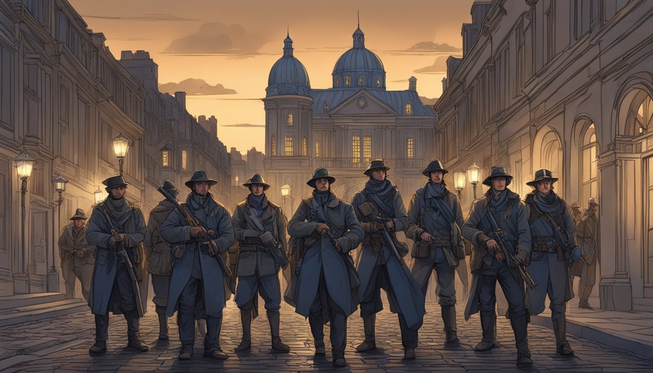 A group of armed men stand in a dark, cobblestone street, illuminated by flickering torchlight, with a grand, ornate building in the background