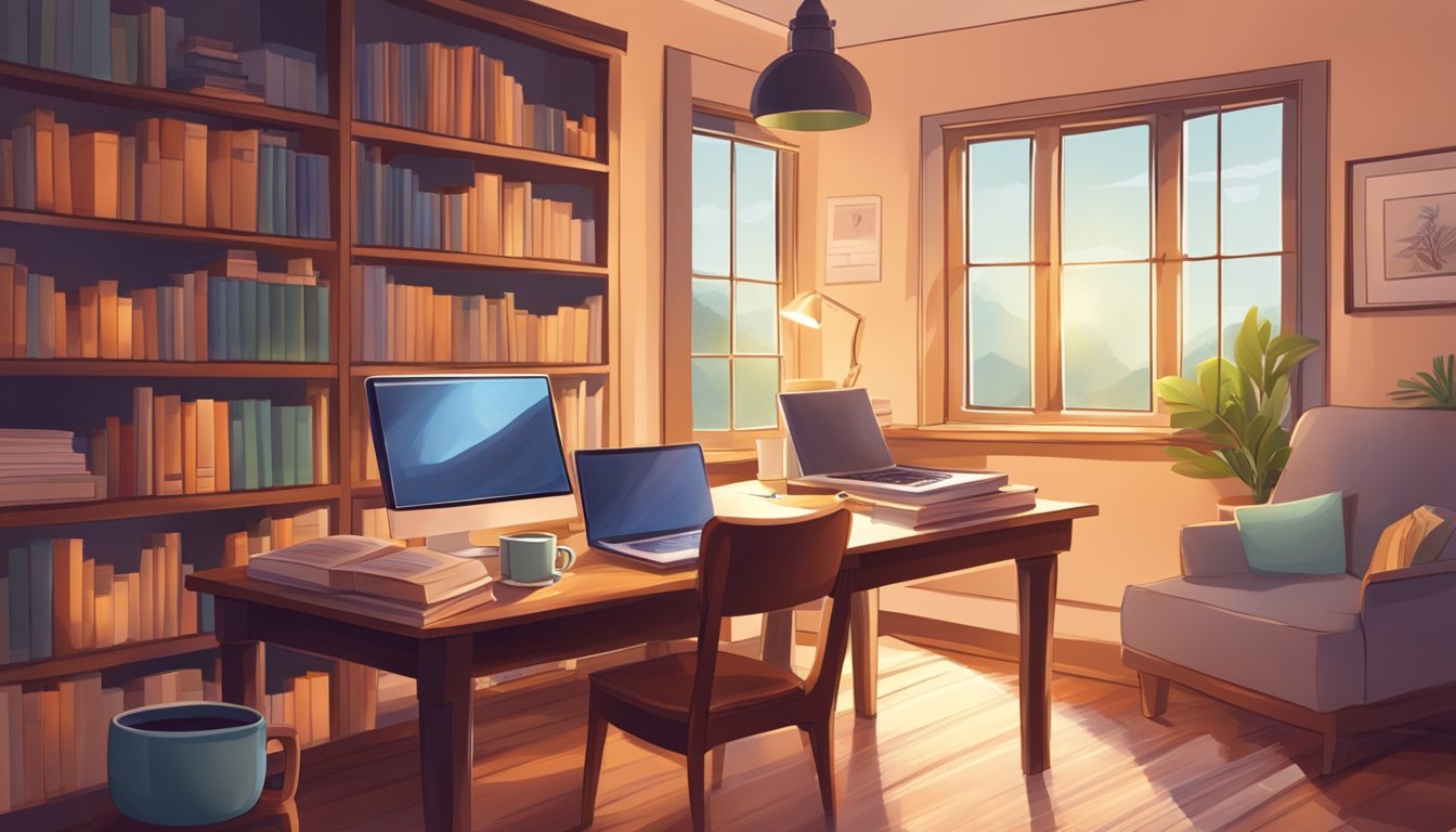 A cozy study with a desk, laptop, and bookshelves.</p><p>Soft lighting and a cup of tea create a peaceful atmosphere