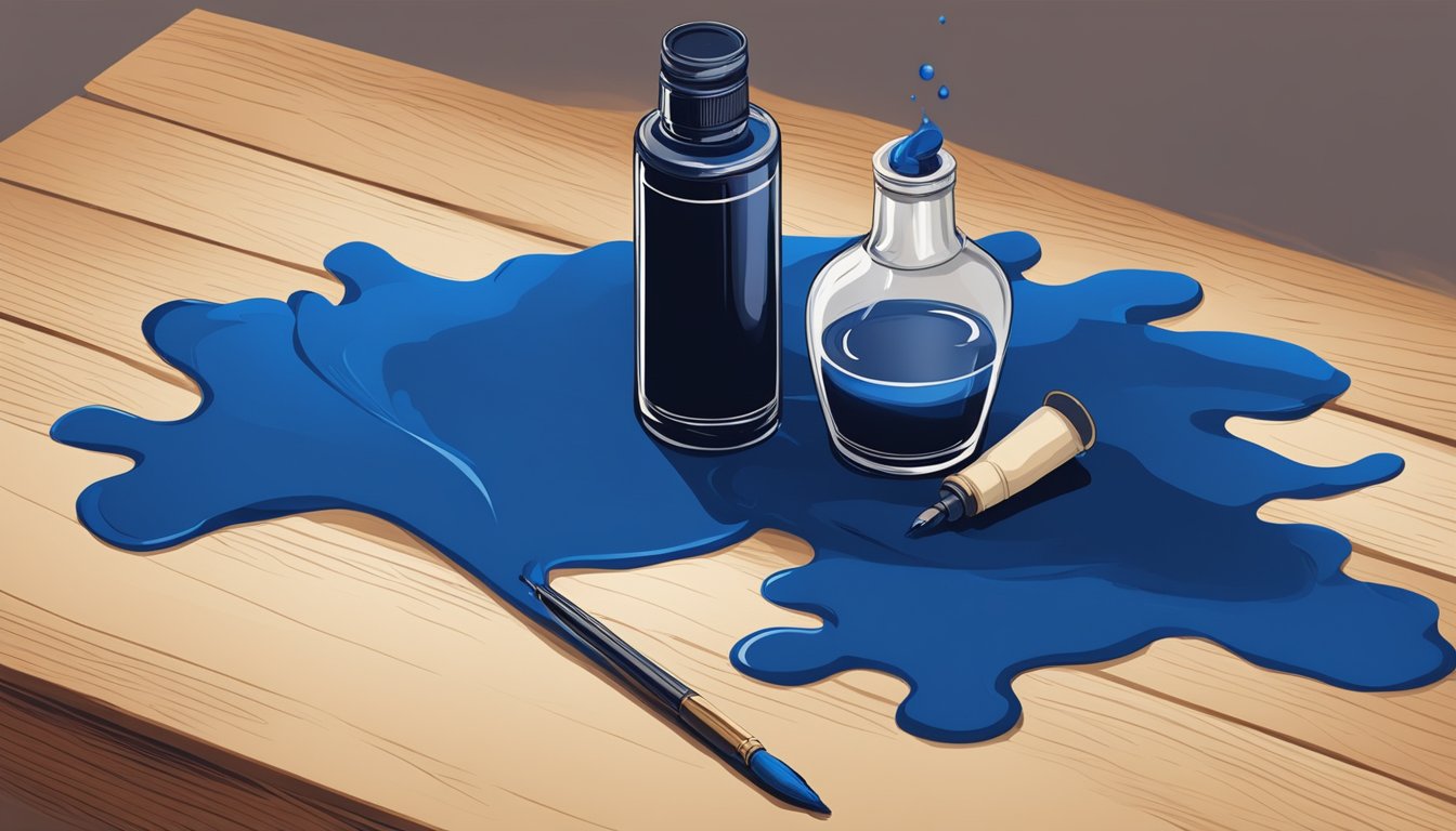 A bottle of ink spills onto a wooden desk, creating a swirling pool of deep blue liquid.</p><p>A feather quill and parchment lie nearby, ready for use