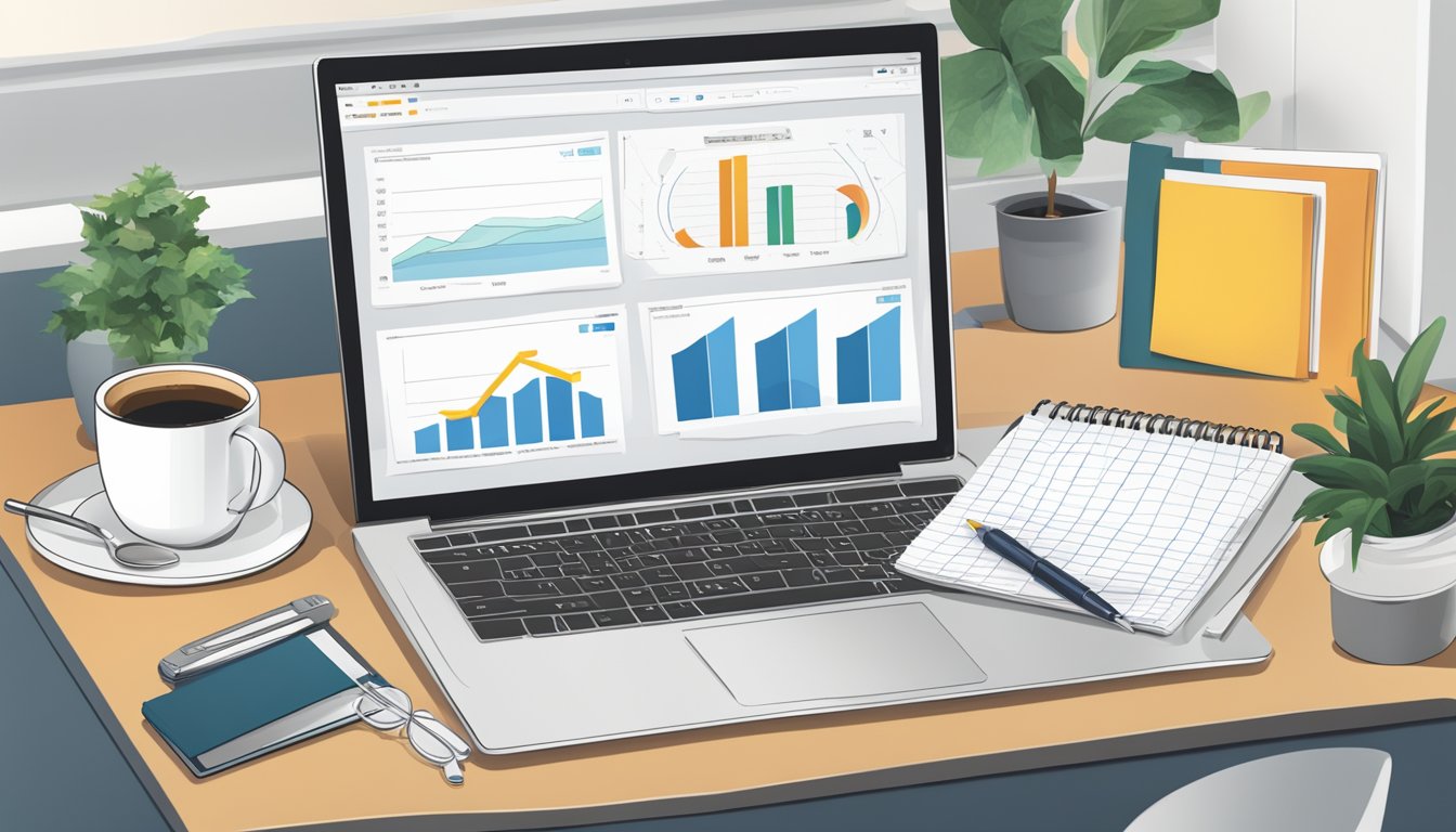 A laptop displaying the WriterZen platform with charts and graphs, surrounded by office supplies and a cup of coffee