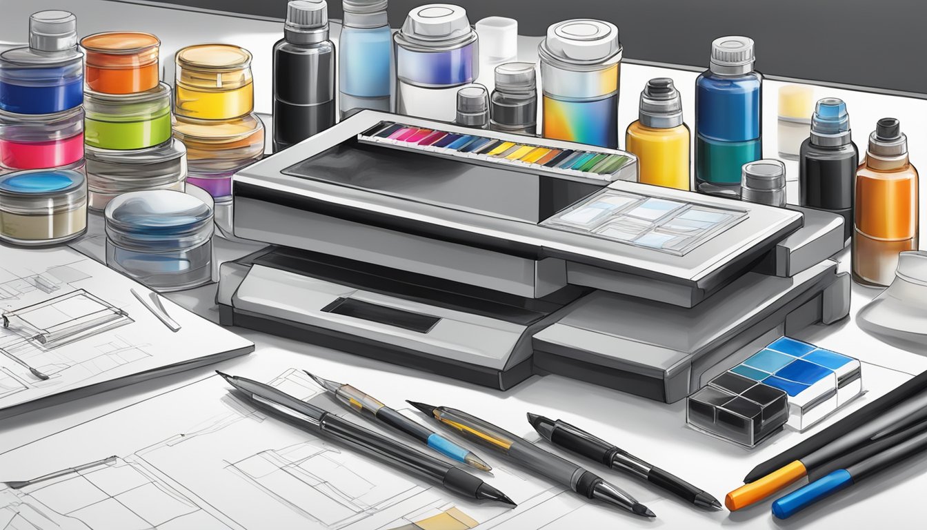 A table with various ink technology samples and equipment for review