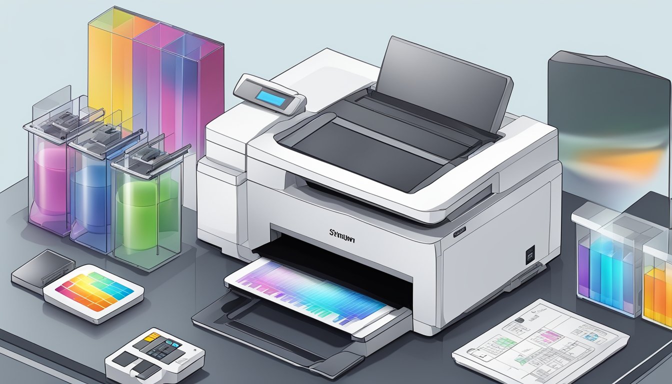 A printer with a transparent ink cartridge, a digital scale, and a computer displaying ink usage data