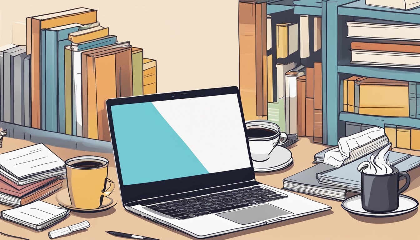 A laptop displaying WriterZen's pros and cons, surrounded by books and a cup of coffee