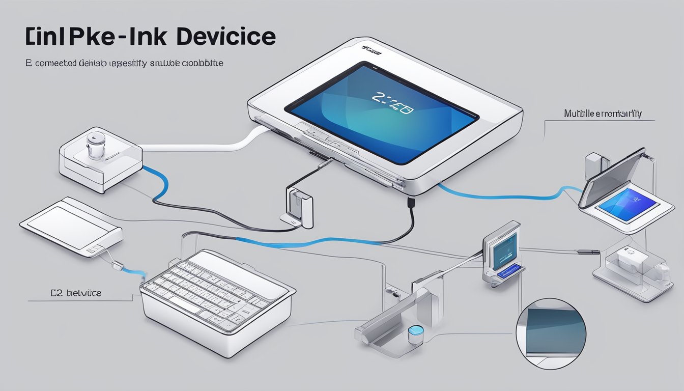 The INK device is shown connected to various advanced features with a focus on its connectivity options.</p><p>Multiple devices are linked to the central hub, showcasing its versatility and compatibility