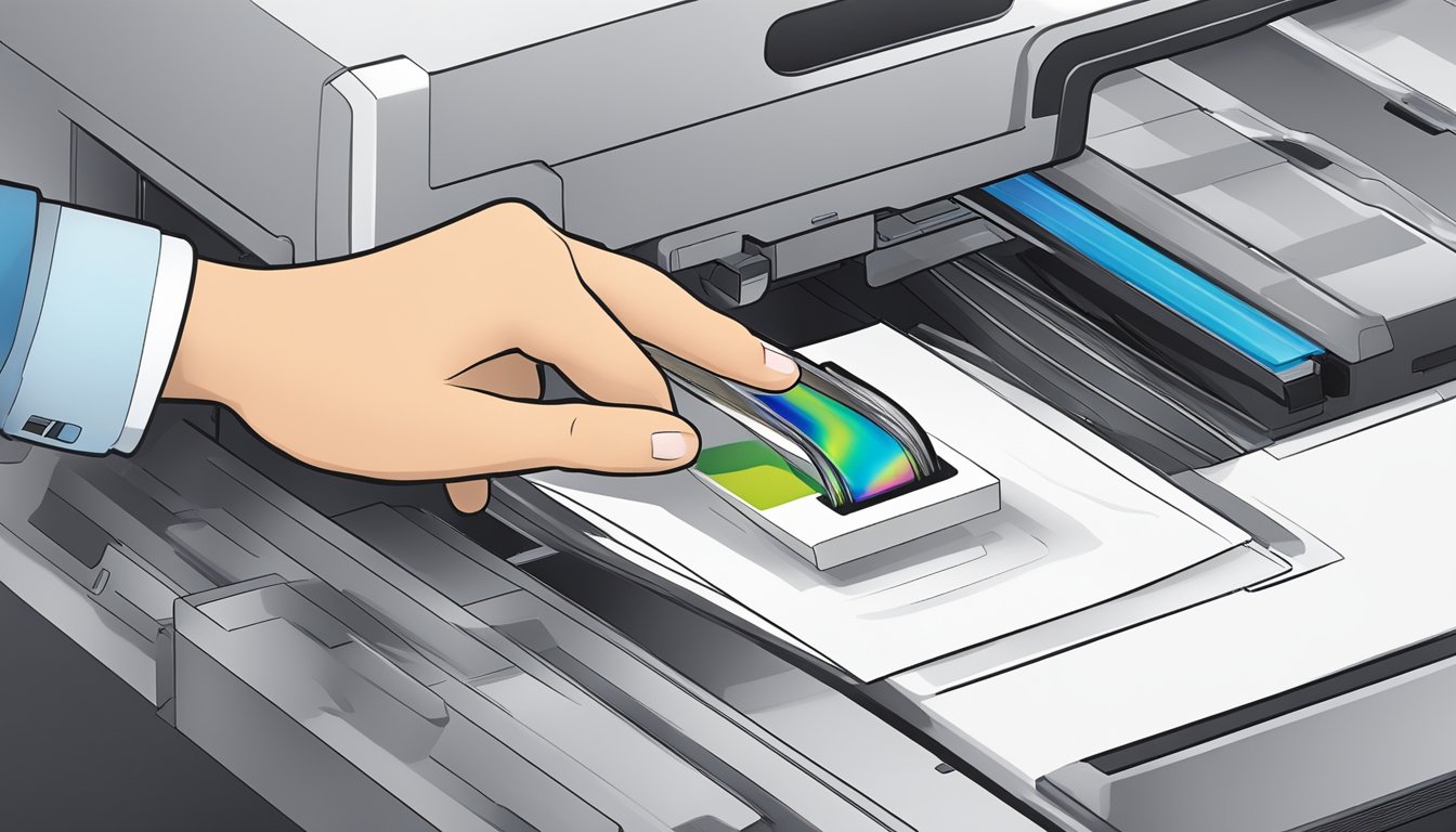 A printer's ink cartridge being inserted into a printer, with the ink flowing smoothly onto the paper