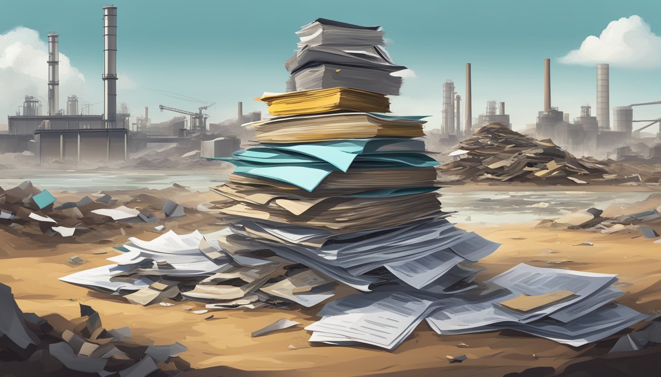 A stack of legal documents surrounded by industrial waste and a polluted landscape