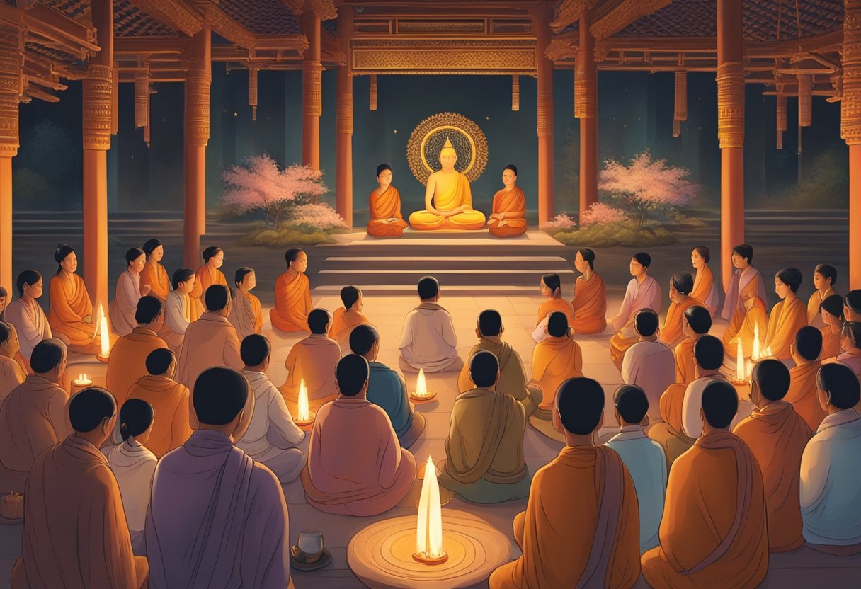 A group of devotees gather in a serene temple, reciting gathas in honor of the Lord Buddha. Candles flicker as incense wafts through the air, creating a peaceful and reverent atmosphere