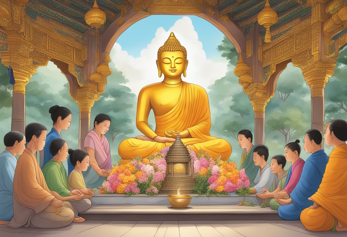 Devotees recite Gathas in front of a shrine, offering flowers and incense to worship the Lord Buddha