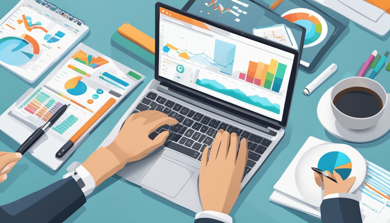 A laptop displaying SEMrush's dashboard, surrounded by marketing analytics charts and graphs.</p><p>A person's hand reaches for a pen and notebook to take notes