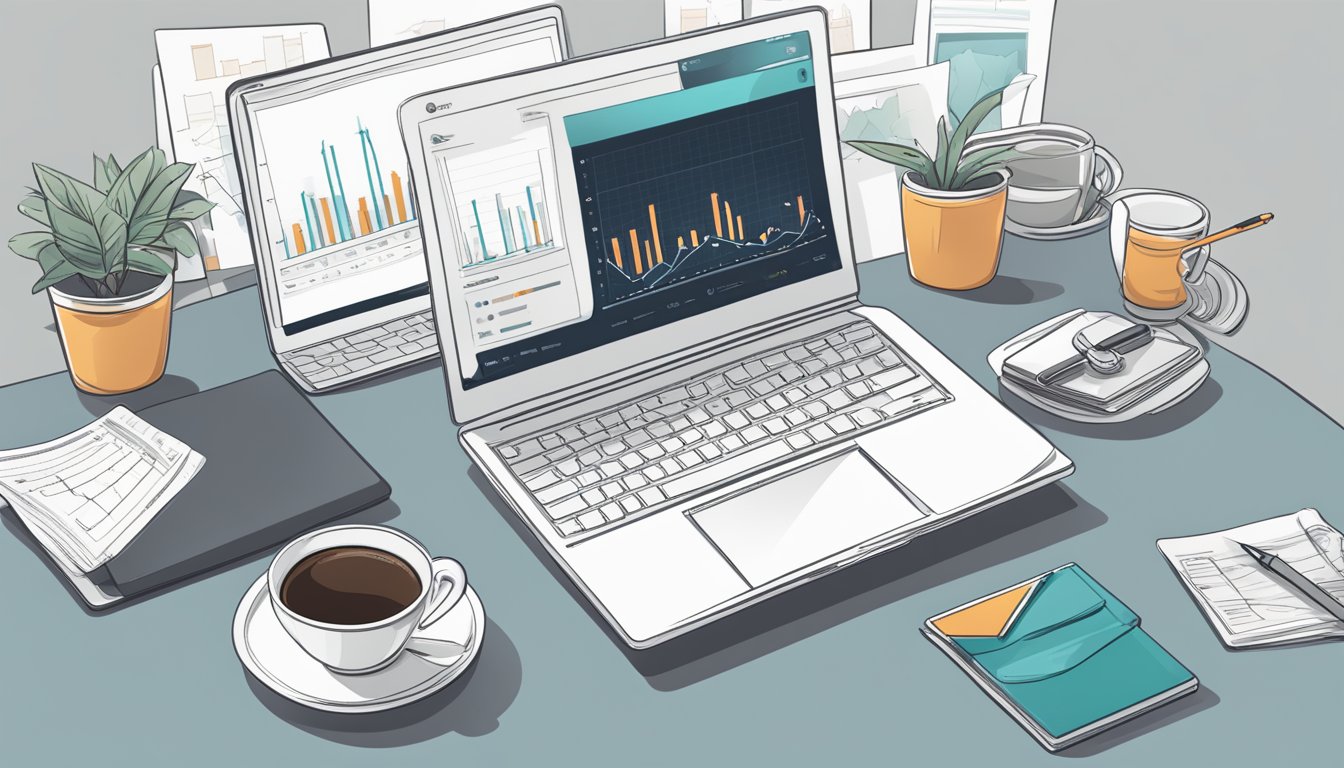 A laptop displaying the SEMrush platform, with charts and graphs showing website analytics.</p><p>A notepad and pen sit next to it, with a cup of coffee in the background