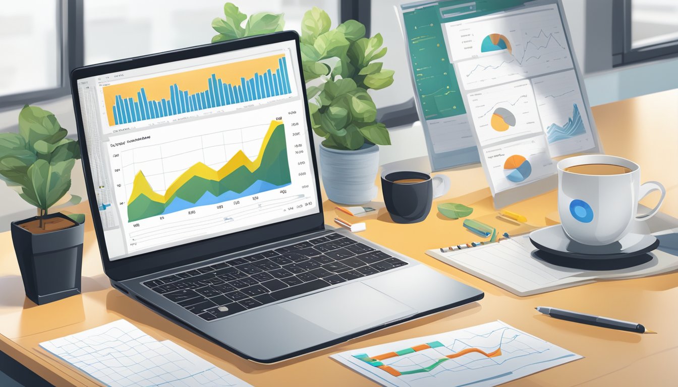 A laptop displaying SEOmonitor dashboard with various graphs and charts, surrounded by a notepad, pen, and coffee cup on a desk