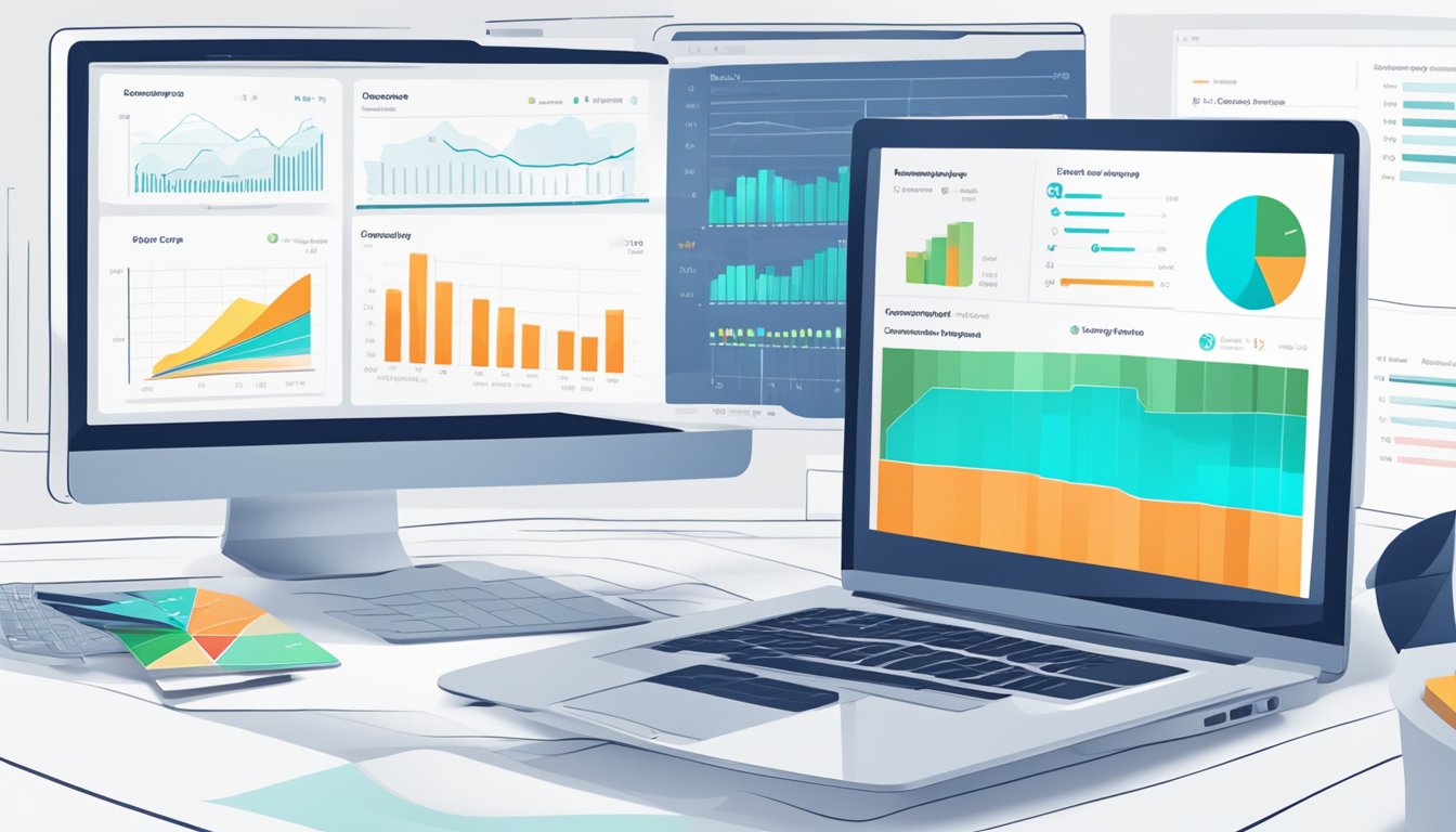 A laptop displaying Kompyte's dashboard with competitive analysis charts and graphs.</p><p>A user is analyzing data and making strategic decisions based on the insights