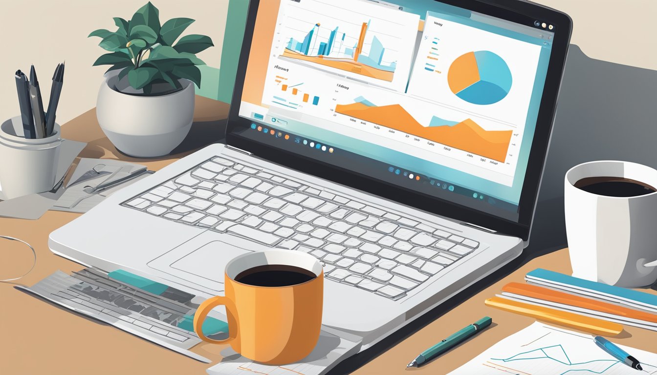 A laptop displaying SEMrush My Reports with charts and graphs, surrounded by a notepad, pen, and coffee mug on a desk