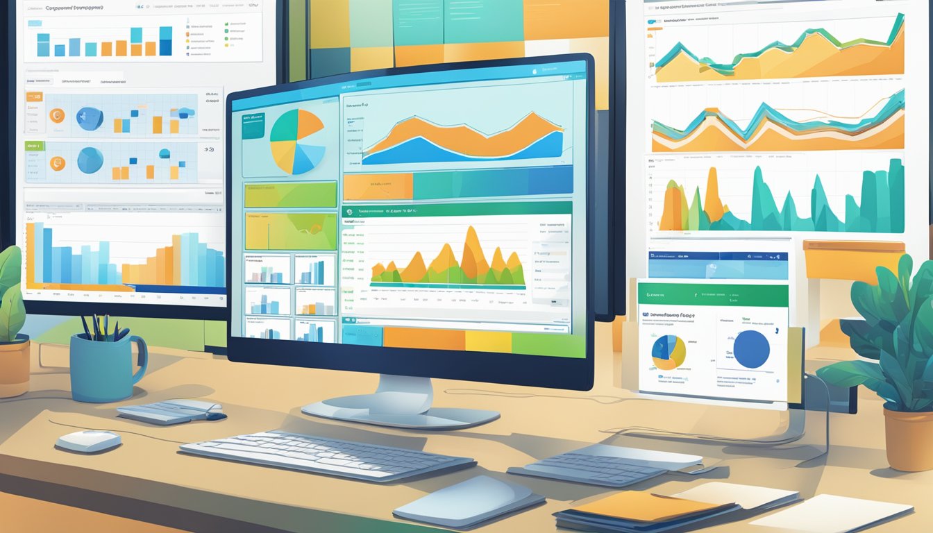 A computer screen displaying the Kompyte platform with various tabs open, charts, and graphs showing competitor analysis data