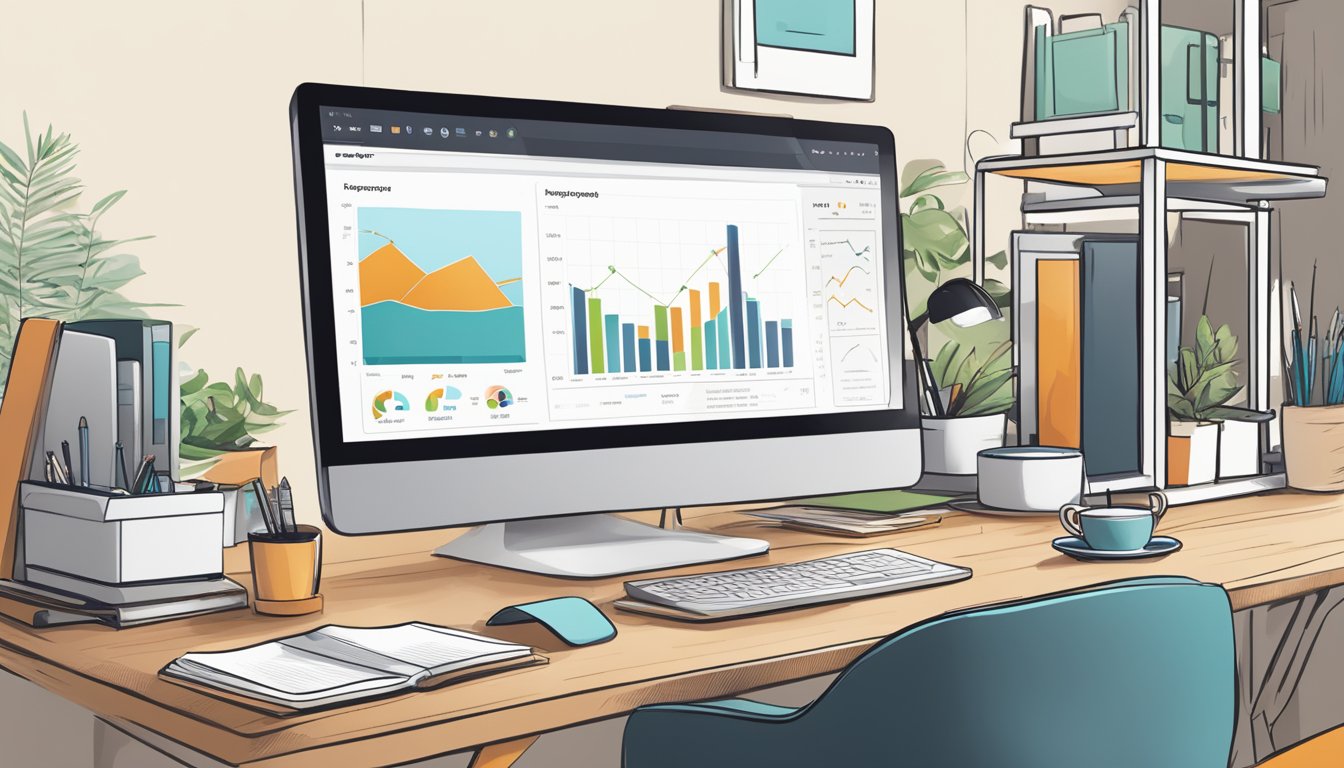 A computer screen displaying SEMrush My Reports with charts and graphs, surrounded by a desk cluttered with notebooks, pens, and a cup of coffee