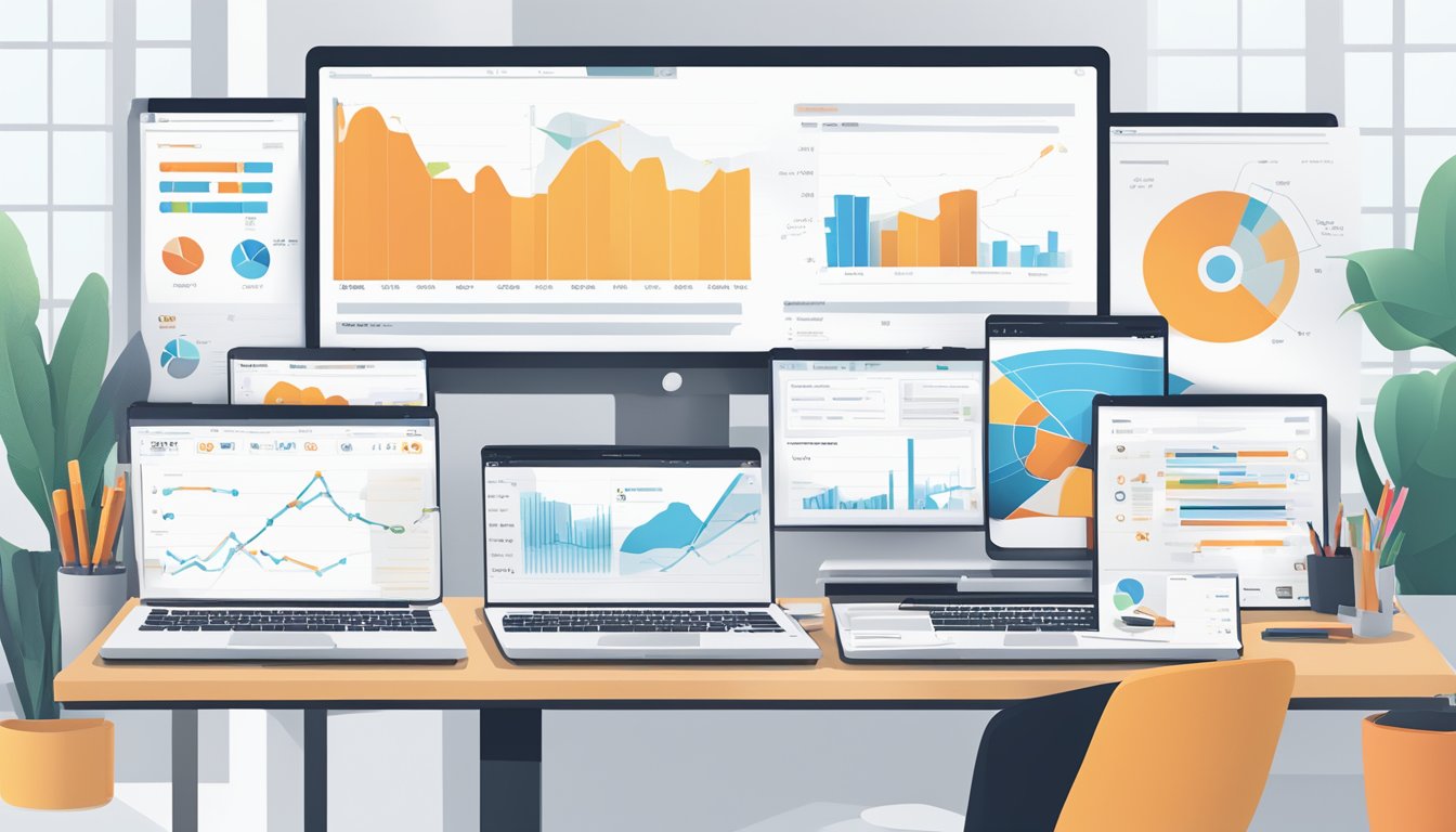 A computer screen displaying SEMrush My Reports with charts and graphs, surrounded by marketing materials and a notepad with analysis notes