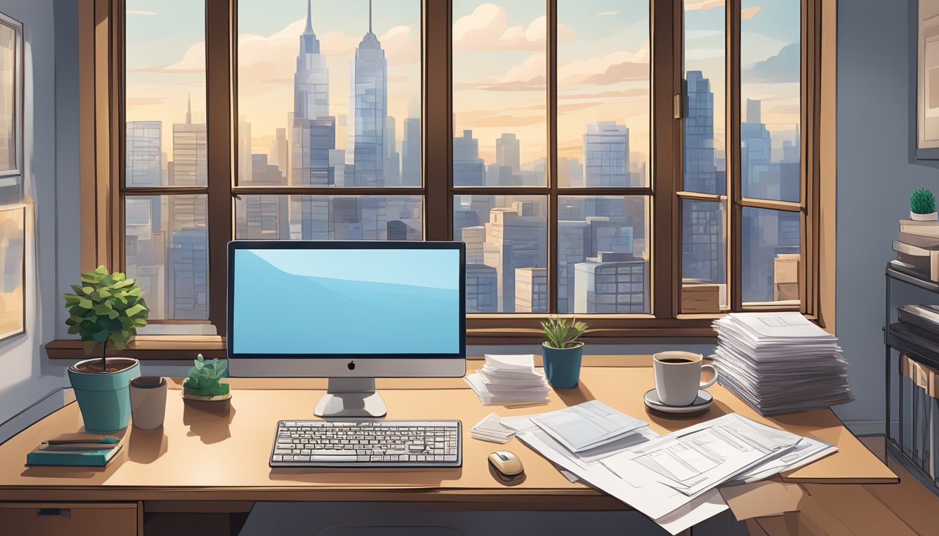 A cozy room with a desk, a computer, and a cup of coffee.</p><p>A window overlooks a city skyline.</p><p>Papers and envelopes are scattered on the desk