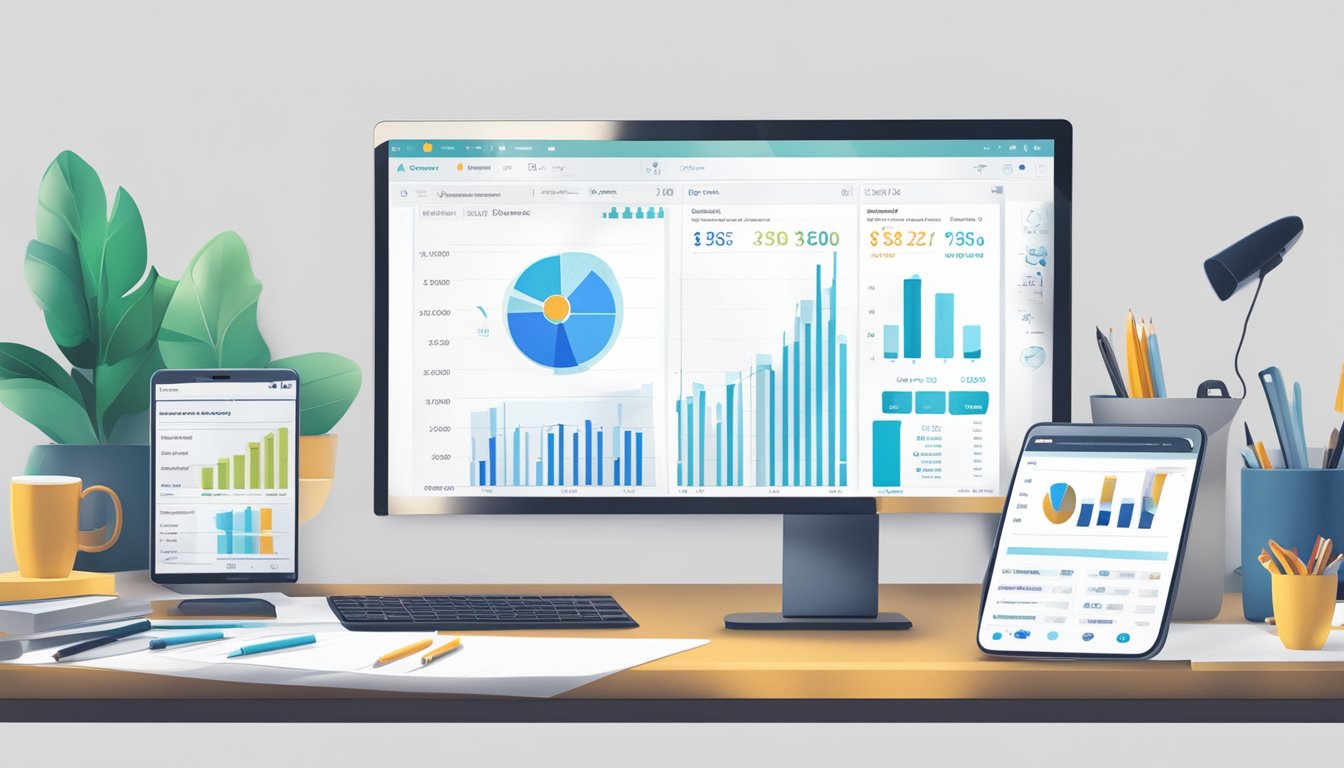 A computer screen displaying Owletter's pricing and availability data, with charts and graphs, surrounded by office supplies and a cup of coffee