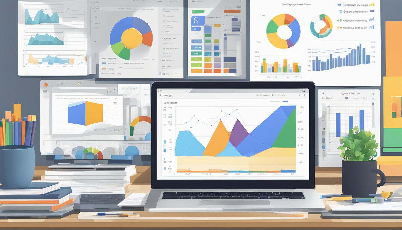 A laptop displaying Google Data Studio with various charts and graphs, surrounded by a desk cluttered with notebooks, pens, and a cup of coffee