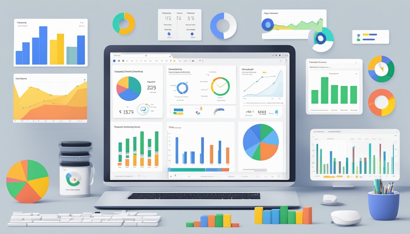 A computer screen displaying Google Data Studio with various data visualization widgets and integration tools