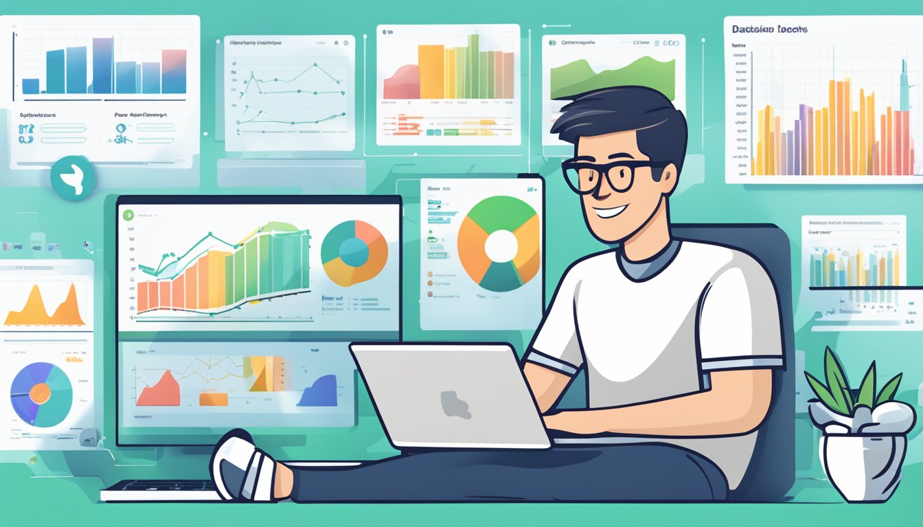 A sleek laptop displaying Databox's user-friendly interface, surrounded by charts and graphs, with a satisfied user giving a thumbs-up