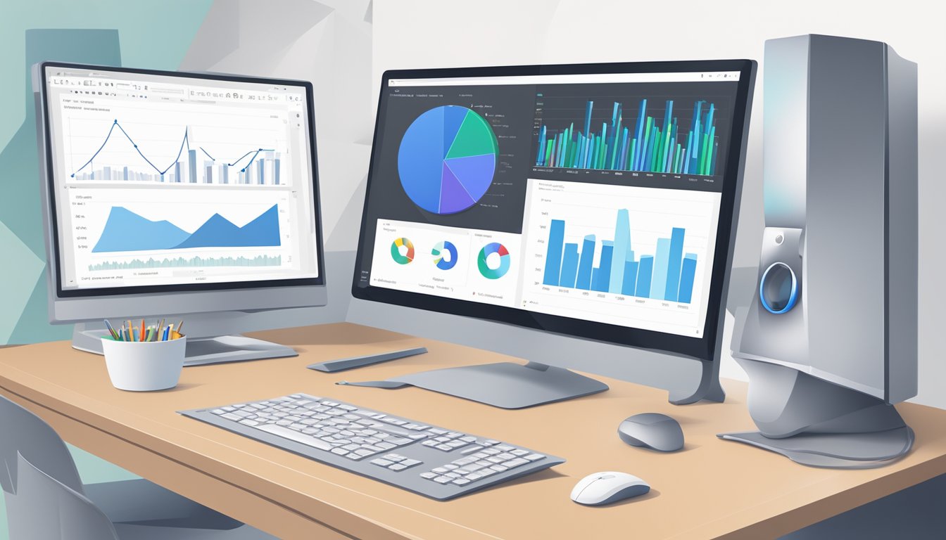 A computer monitor displaying Google Data Studio with graphs and charts, surrounded by a desk with a keyboard and mouse