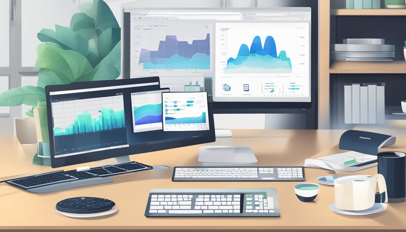 A computer screen with the Databox platform open, showing various data visualizations and graphs.</p><p>A desk with a keyboard and mouse, and a cup of coffee nearby