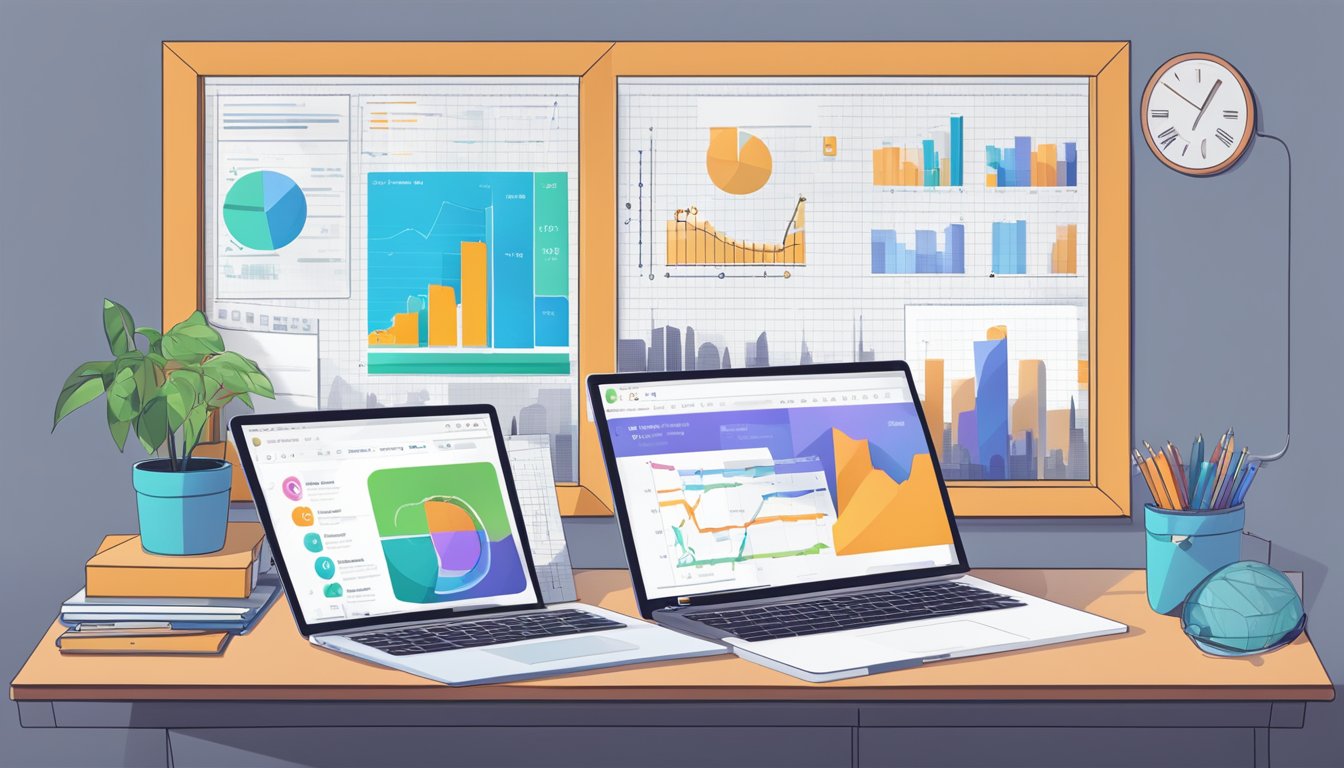 A laptop displaying Swydo's user interface with charts and graphs, surrounded by a desk cluttered with notebooks and pens.</p><p>A window in the background shows a city skyline