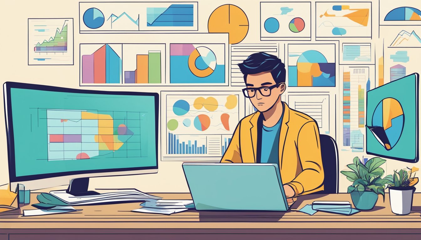 A person reading a report on a laptop, surrounded by charts and graphs, with a puzzled expression