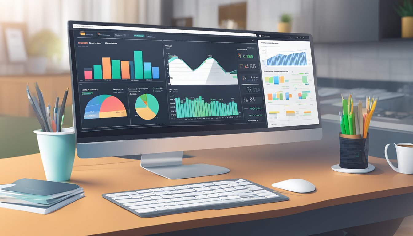 A computer screen displaying DashThis dashboard with colorful charts and graphs.</p><p>A coffee mug and notepad sit next to the keyboard