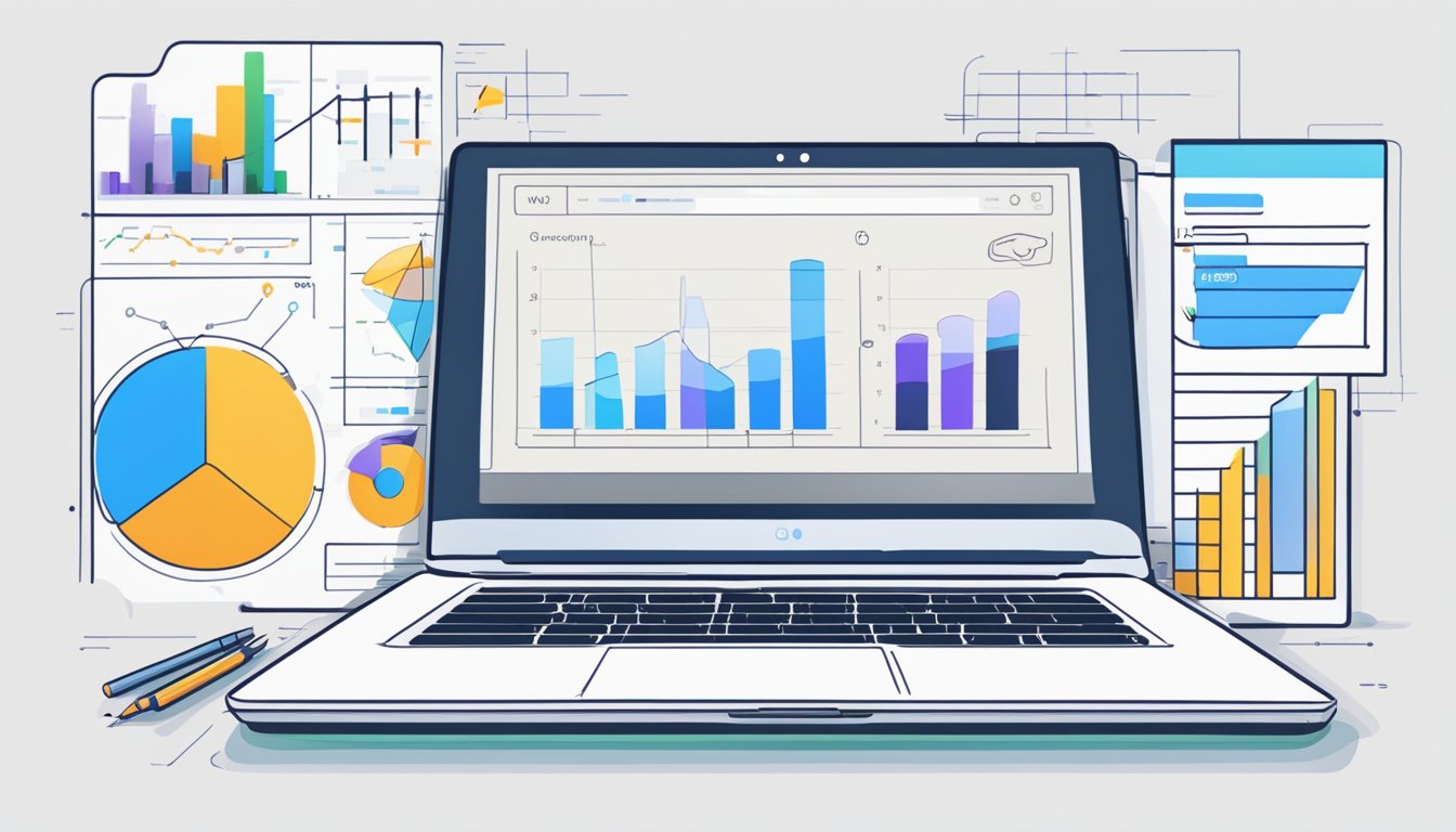 A laptop displaying the Swydo platform, with a user navigating through the interface, surrounded by charts and graphs, and a notepad with a pen for taking notes