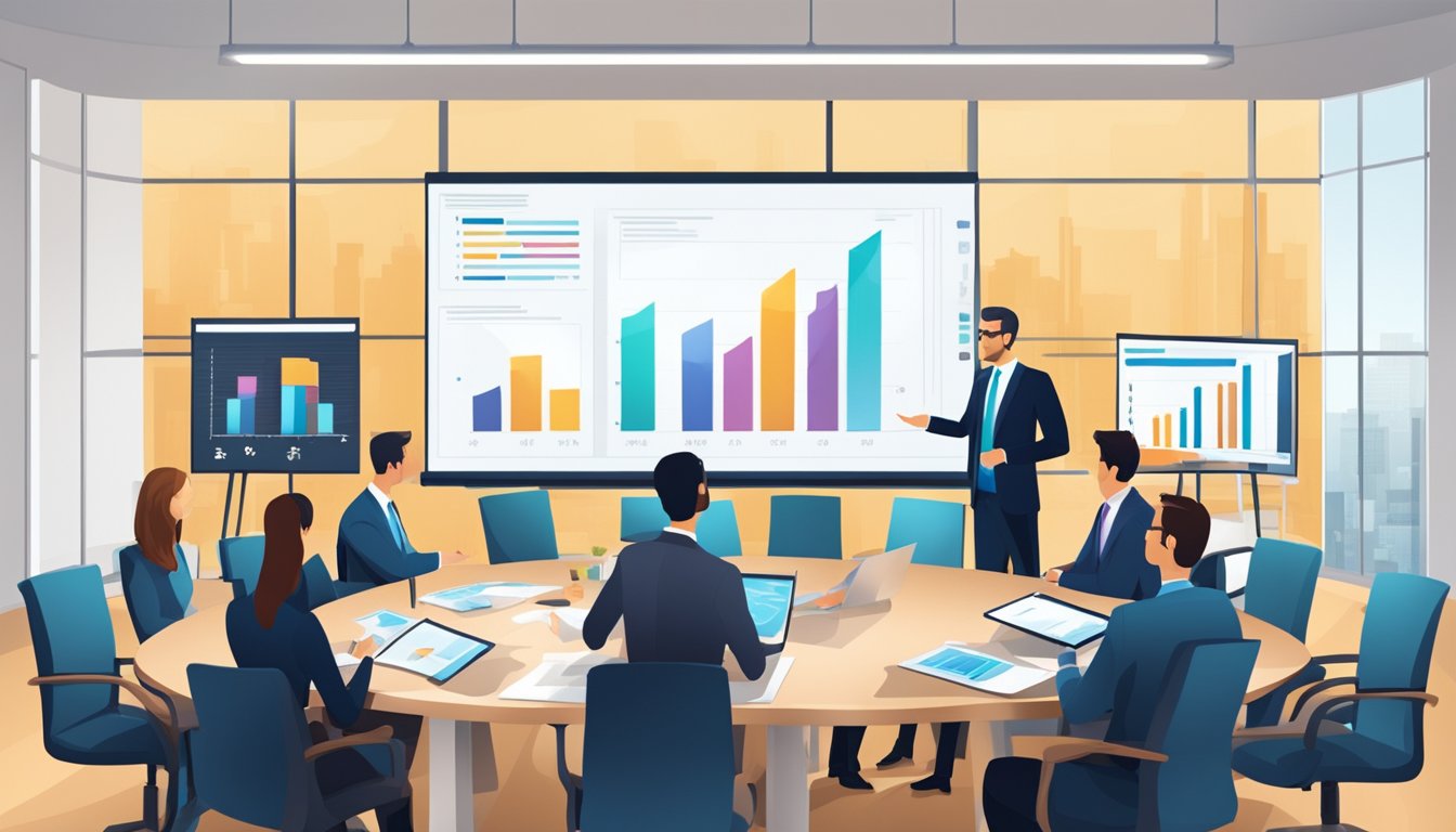 A meeting room with executives discussing data reports and charts on a large screen, emphasizing transparency and strategic insights