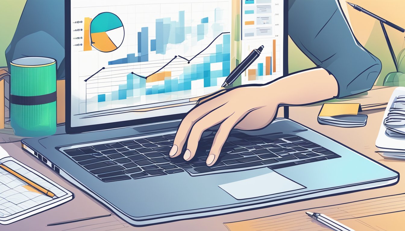 A table with a laptop, notebook, and pen.</p><p>Graphs and charts on the laptop screen.</p><p>A hand reaching for the mouse