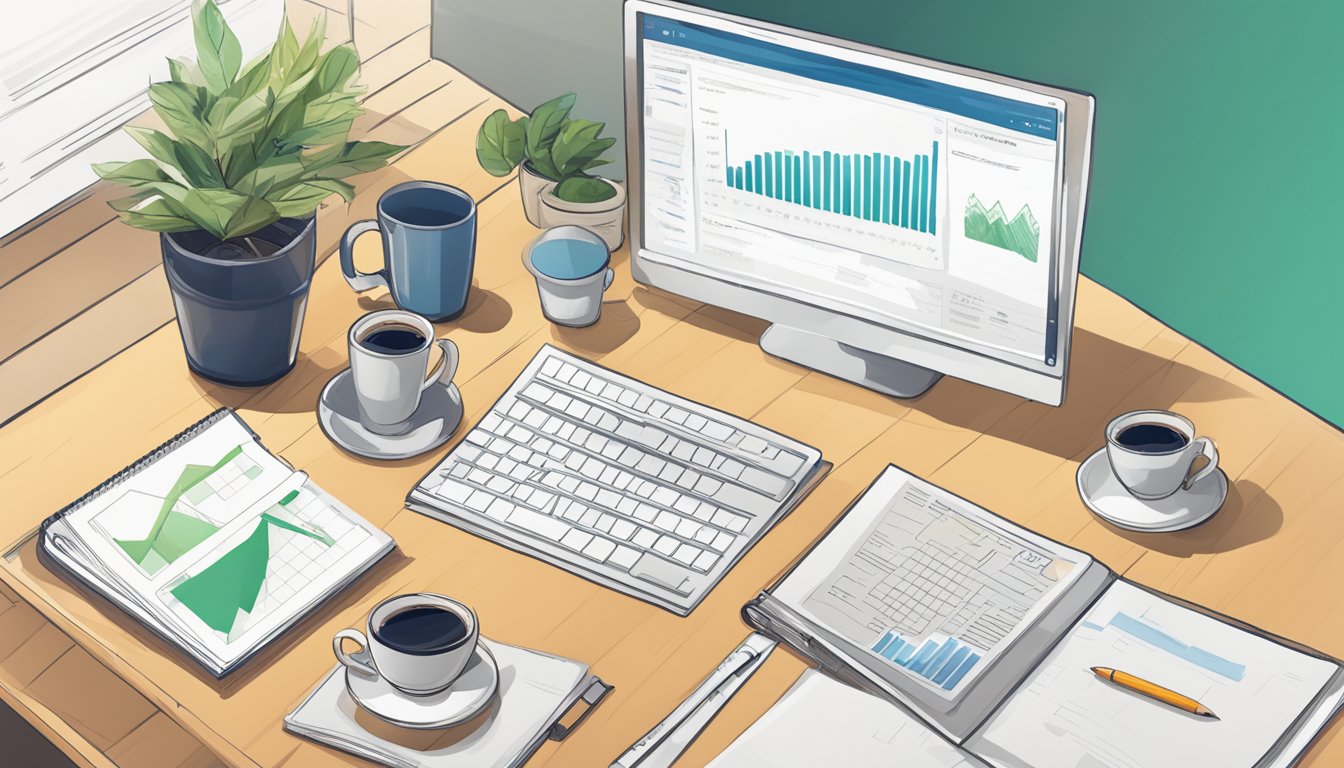 A desk with a computer displaying DashThis pricing and plans.</p><p>A notepad and pen sit nearby, with a cup of coffee