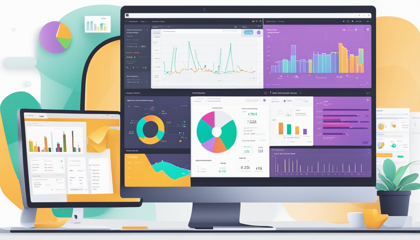 A computer monitor displaying Cyfe's dashboard with various data visualizations and analytics widgets.</p><p>Multiple tabs open in the web browser, showing different sections of the platform