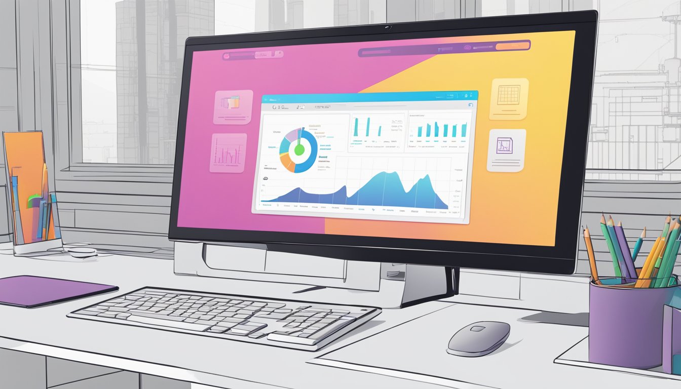 A computer screen displaying Cyfe's advanced features and customization options, with various data widgets and graphs, surrounded by a sleek and modern workspace