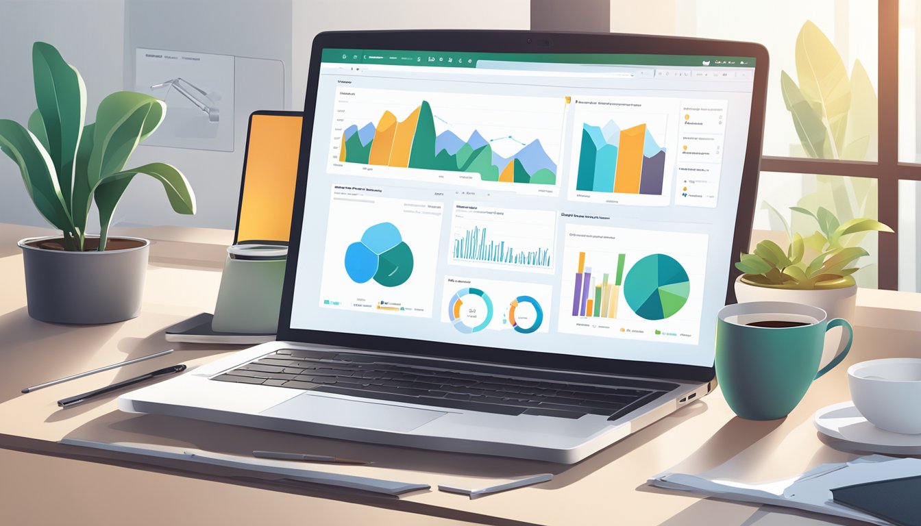 A laptop displaying Agency Analytics dashboard with various graphs and data charts.</p><p>A cup of coffee sits next to it on a clean desk