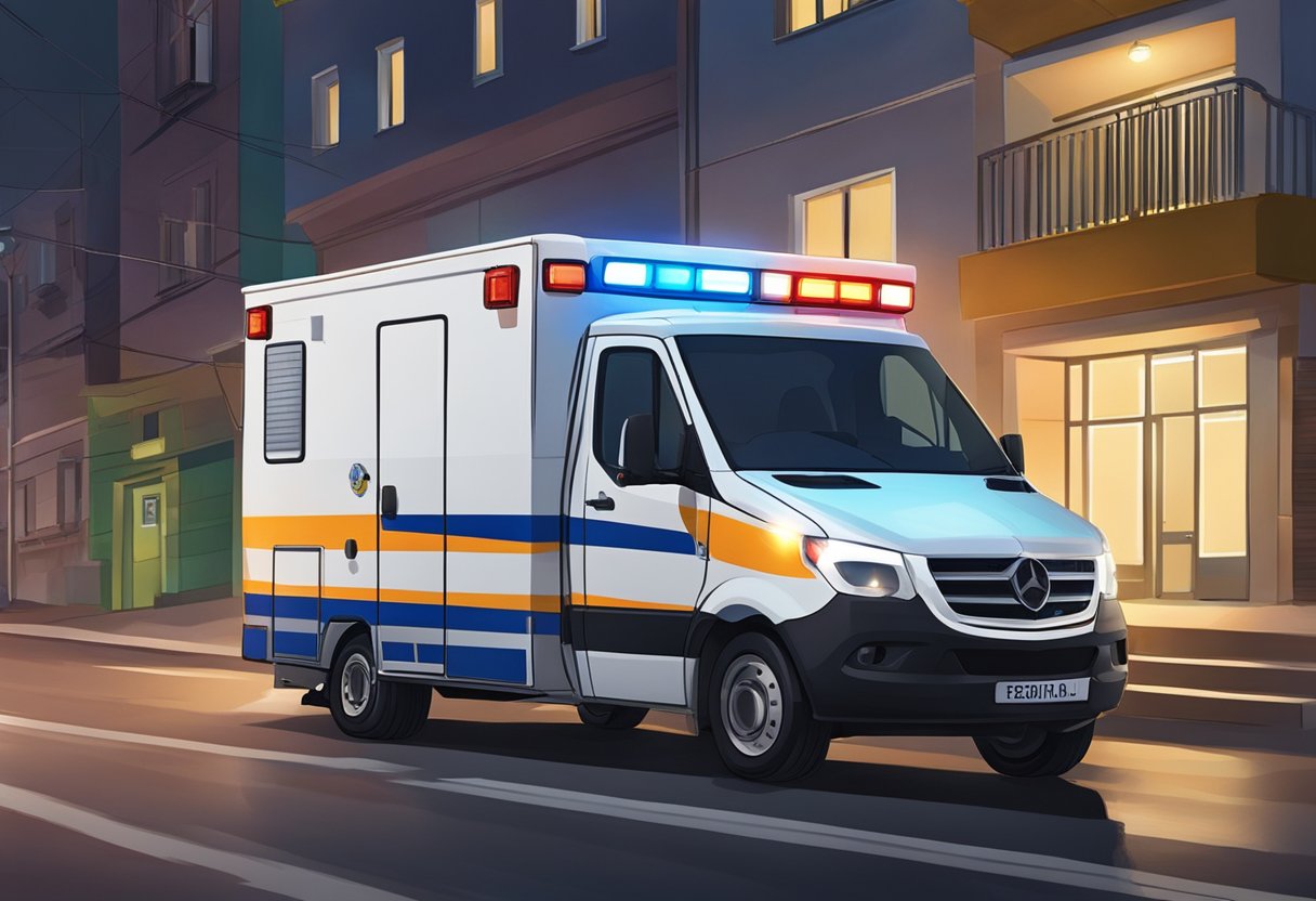 An ambulance parked on a street in Araucária, with its lights flashing
