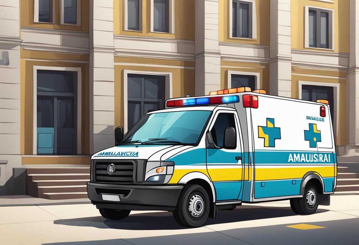 An ambulance parked outside a building, with the logo "ambulância araucária" clearly visible on its side