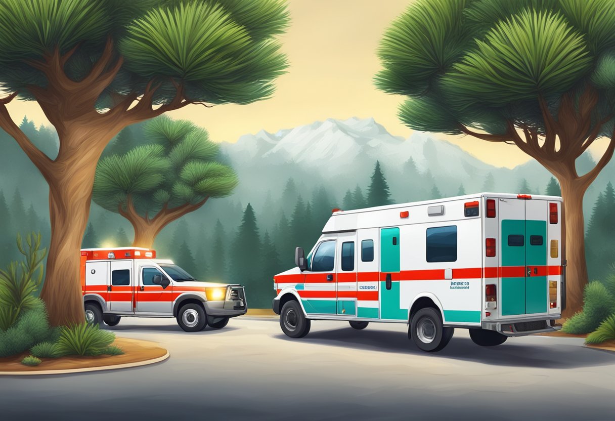 Emergency care scene with ambulance and araucaria tree in the background
