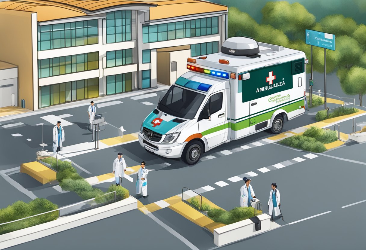 An ambulance with "Operações e Logística da Ambulância" logo parked in front of the Araucária hospital, surrounded by medical staff and equipment