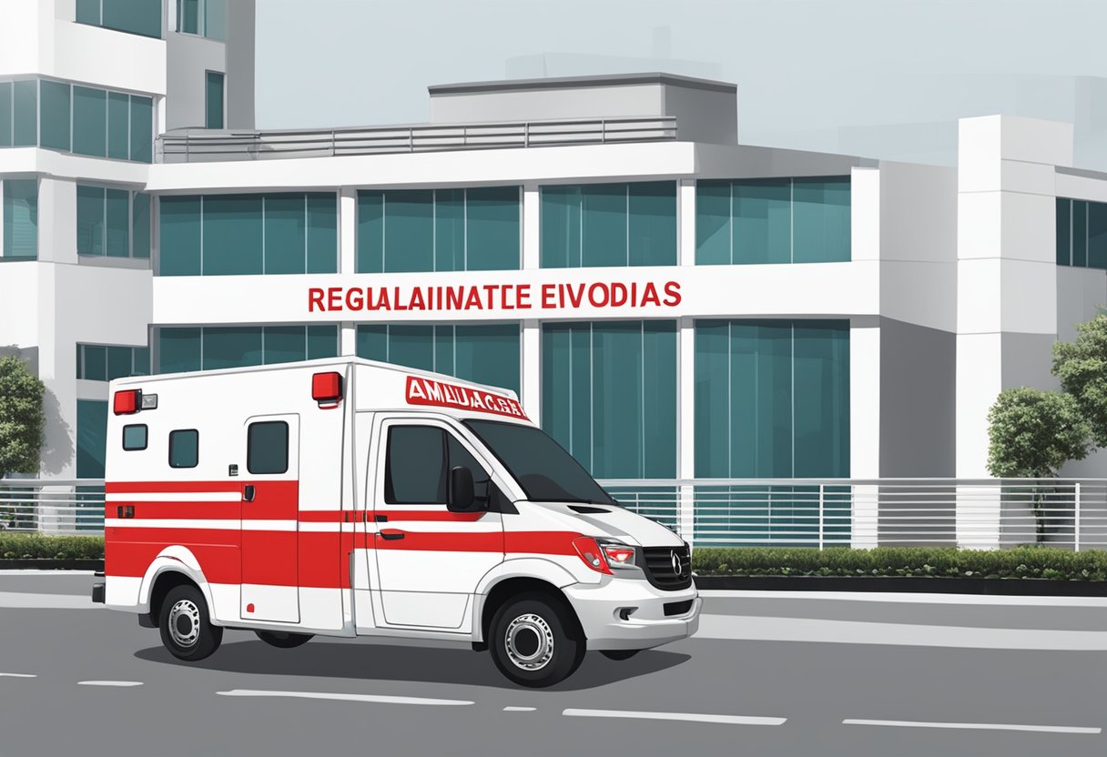 A white and red ambulance parked in front of a building with "Regulamentações e Instituições Envolvidas" written on a sign